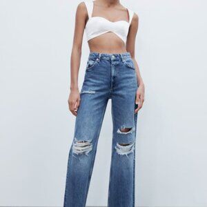 29 (US 8) ZARA RIPPED WIDE LEG JEANS Mid-blue